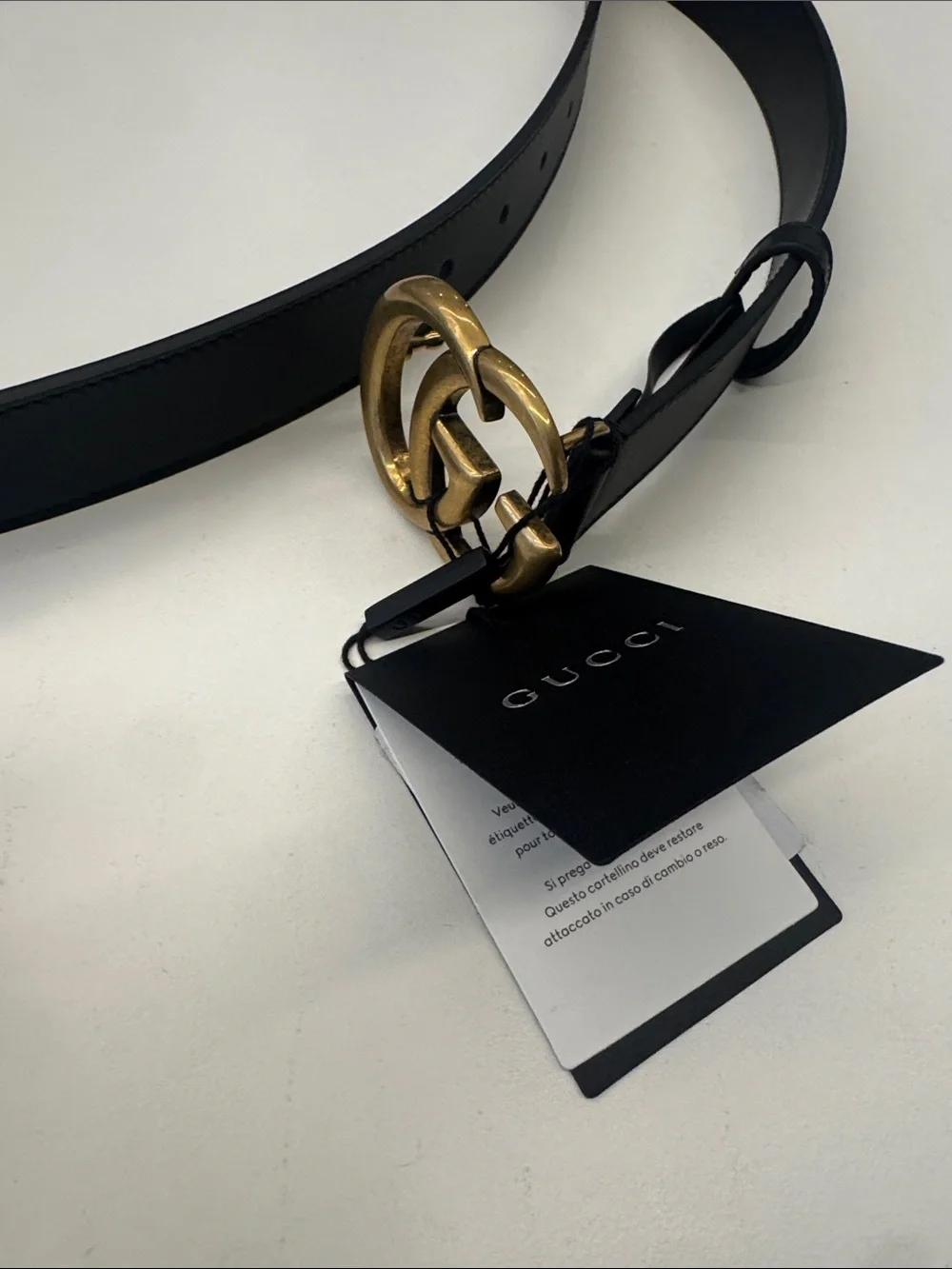 Men’s Gucci Black Leather Belt with Antique Gold Double G Buckle